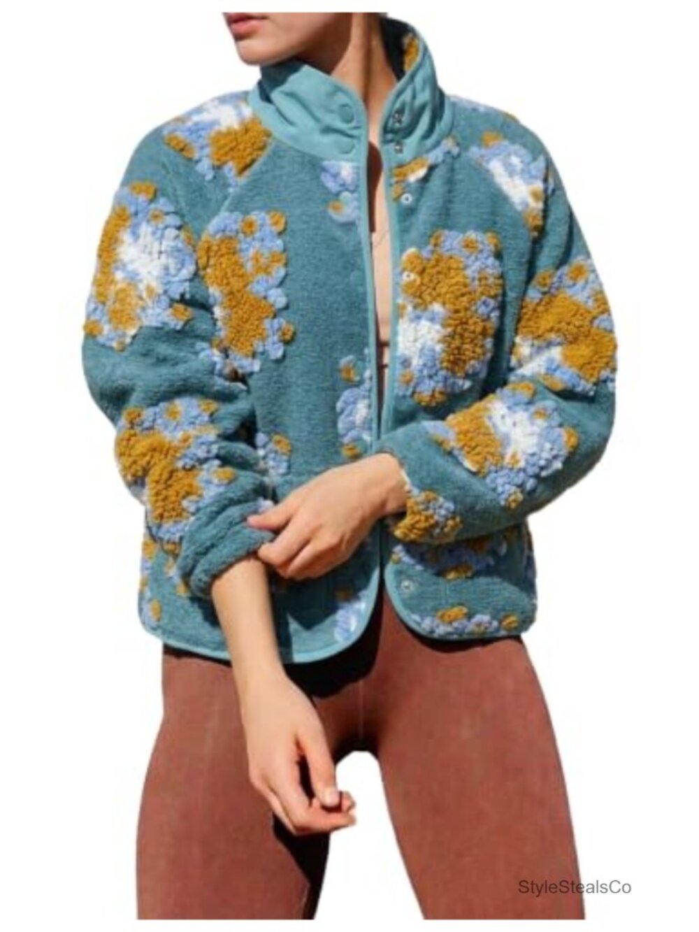 Women's Floral Fleece Jacket with Snap Buttons